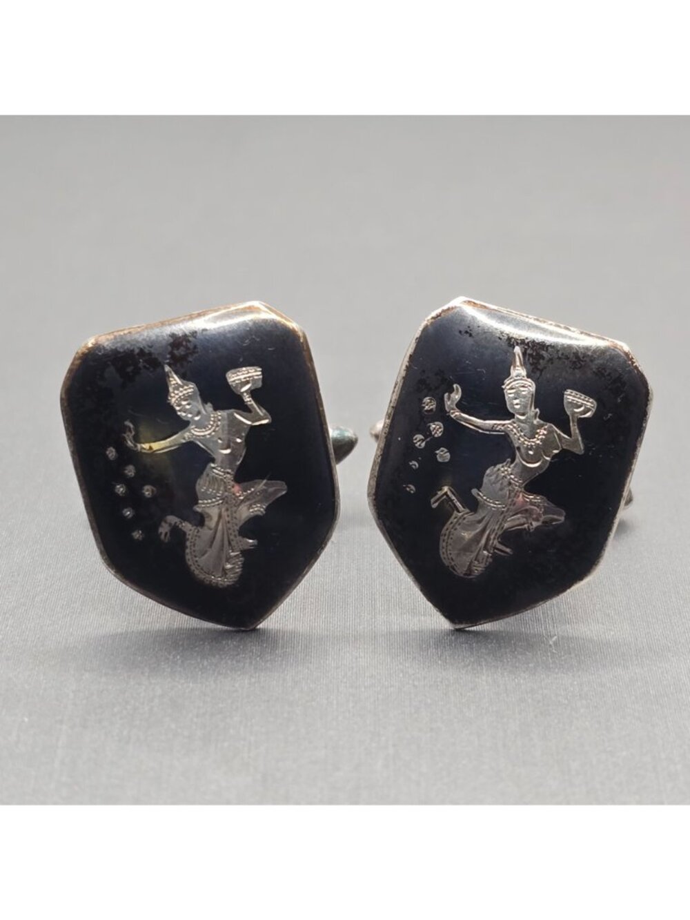 Vintage Willy Co Sterling Silver Niello Cufflinks Thai Goddess Signed Siam - Picture 3 of 10